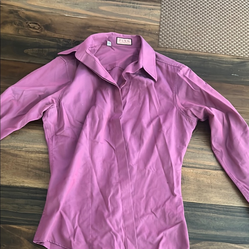 Thomas Pink Purple Button Down Shirt 3/4 Sleeve Fitted